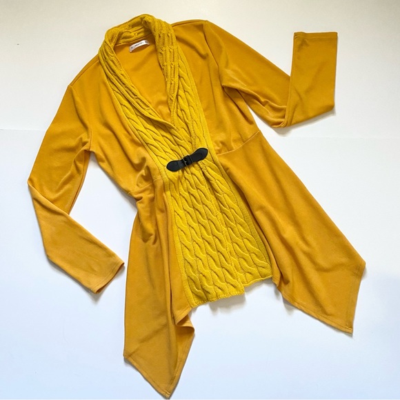 EUC DRESSFO CABLE COLLAR LONG TAPERED Mustard Gold CARDIGAN SWEATER w BUCKLE MED - Picture 6 of 12